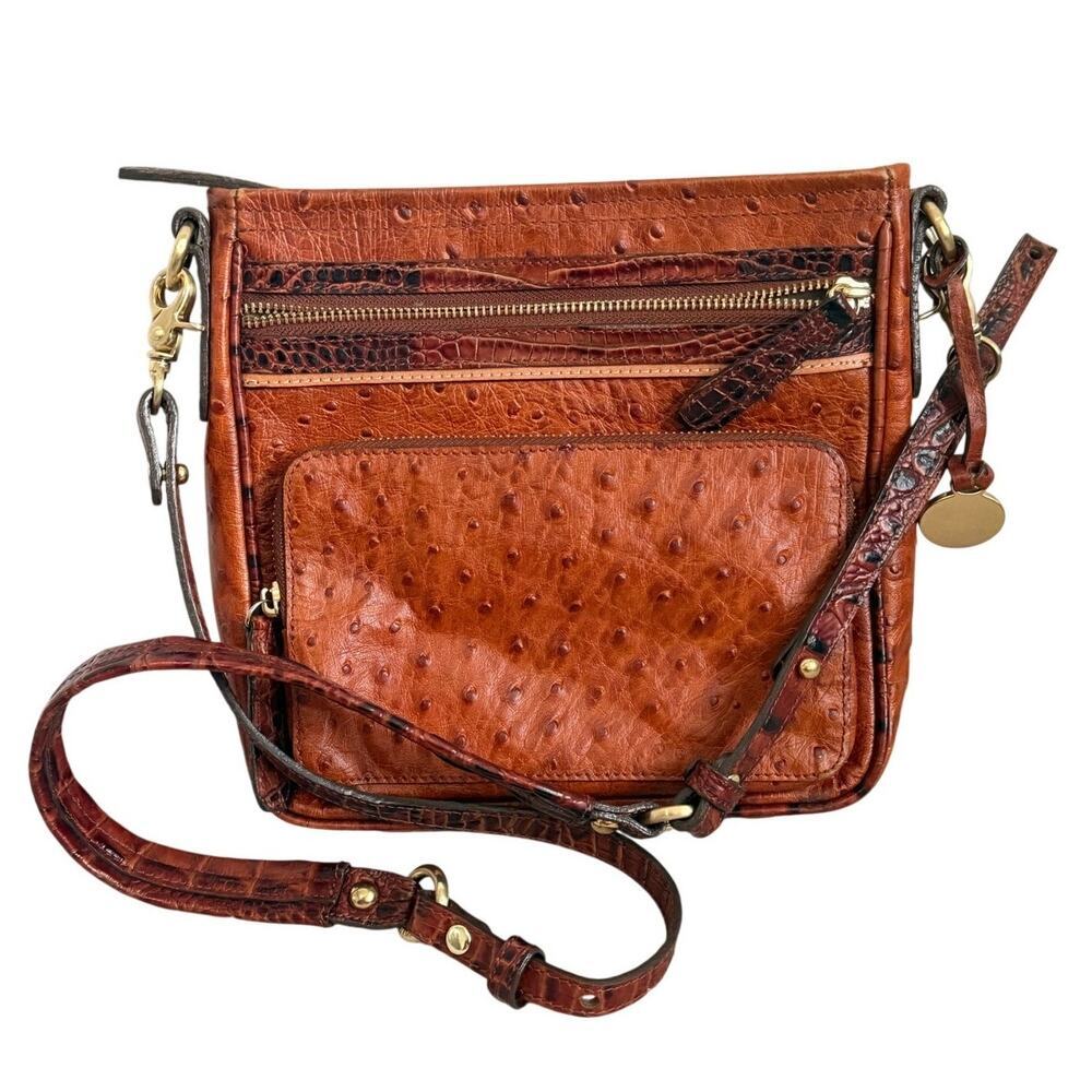 Brahmin Embossed Ostrich Leather Crossbody Medium Bag Brown